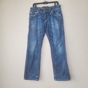 Rock Revival Jeans 31x32 John Pants Men's Straight Blue Denim with Fleur Embroid